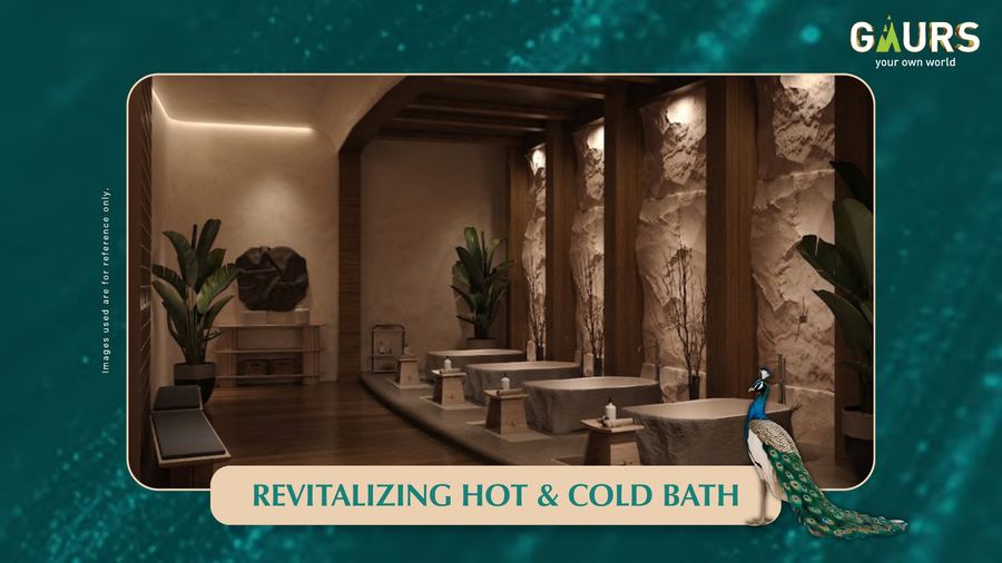 Revitalizing Hot and Cold Bath render, Gaurs branding on frame
