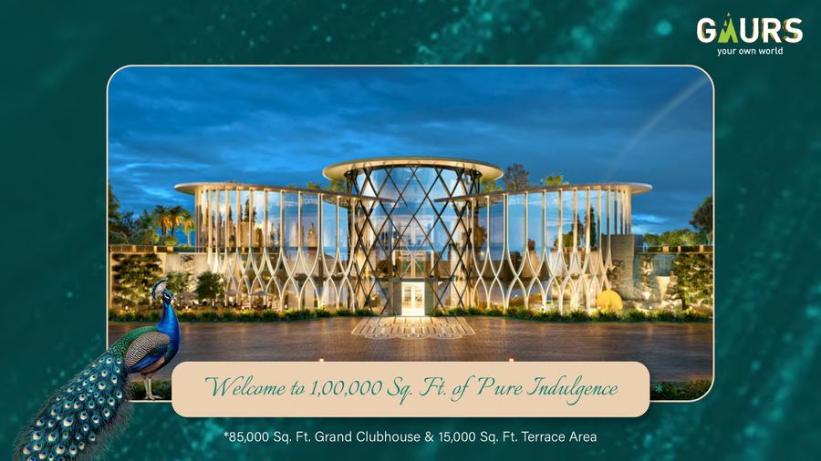 Gaur Alaris Grand Clubhouse exterior render at dusk, Gaurs branding on frame