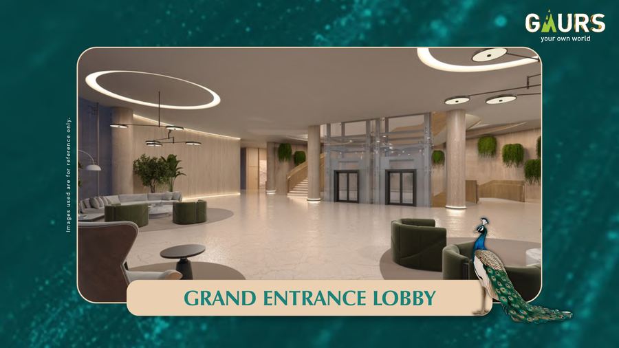 Grand Entrance Lobby interior render, Gaurs branding on frame